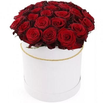 25 red roses in a hat box