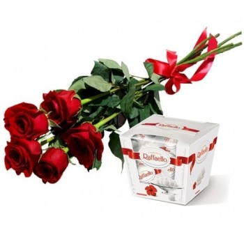 5 red roses 50 cm and Rafaello