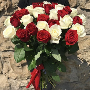 Длинные красные и белые розы 70 см